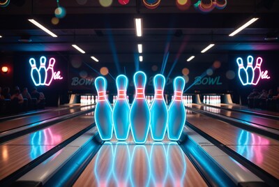 Neon Blue Bowling Pins on Lane