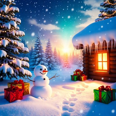 Snowman with Christmas gifts by cabin