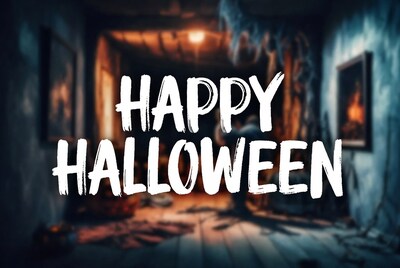 Happy Halloween text in haunted hallway