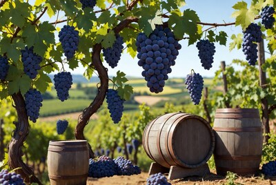 Purple Grapes on Vines with Barrels