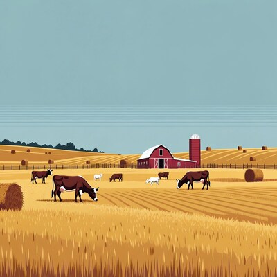 Cows grazing near red barn farm