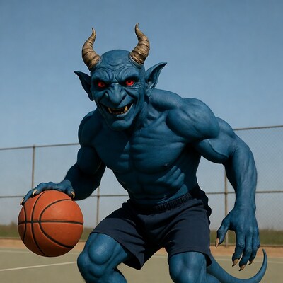 Blue muscular demon holding basketball