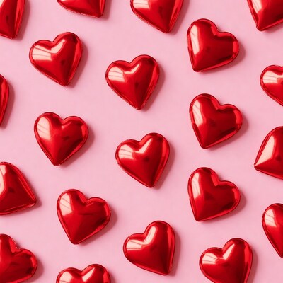 Shiny red hearts on pink background