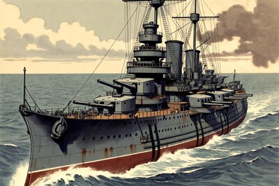 Vintage Dreadnought Battleship at Sea