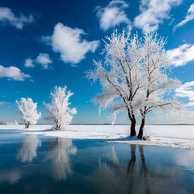 Frost-covered trees by frozen lake