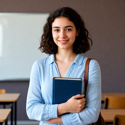 Smiling woman holding book in classroom