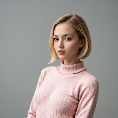 Blonde woman in pink turtleneck sweater