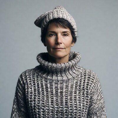Woman in knit beanie and turtleneck sweater