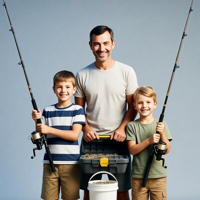 Father and two sons with fishing gear