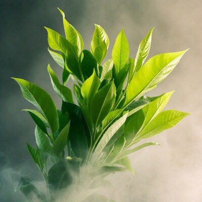 Lush green leaves in mist