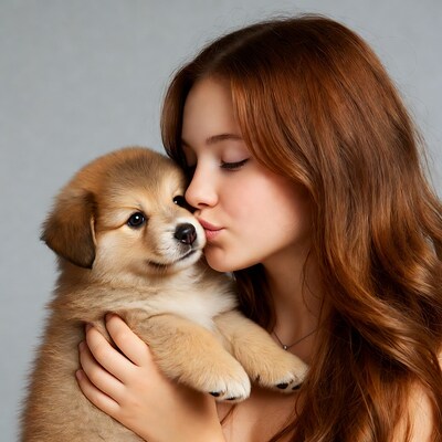 Girl kissing cute puppy