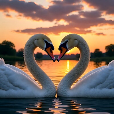 Two swans forming heart sunset lake
