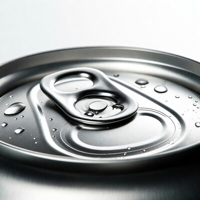 Open silver soda can with water droplets