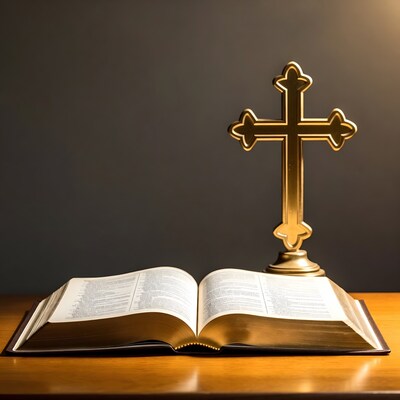 Open Bible and Golden Cross