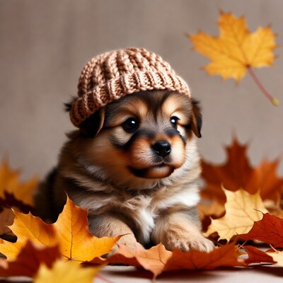 Puppy in knit hat with autumn leaves