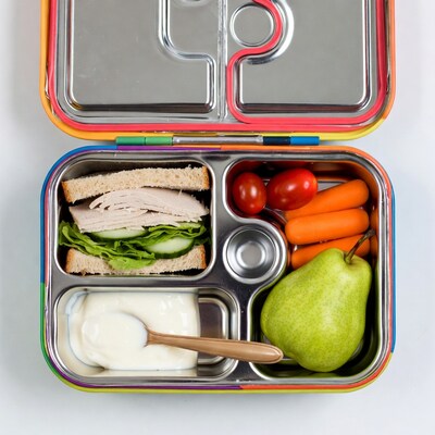 Open bento box with turkey sandwich