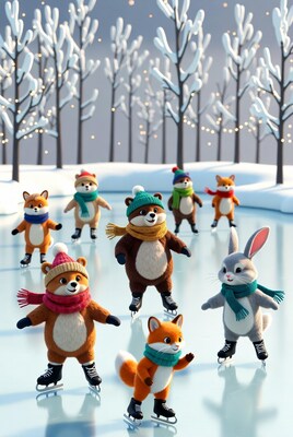 Cute foxes and bunny ice skating