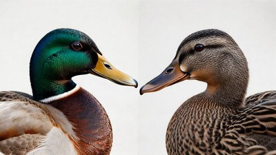 Male and female mallard ducks facing