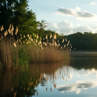 Reeds reflecting in lake at sunset