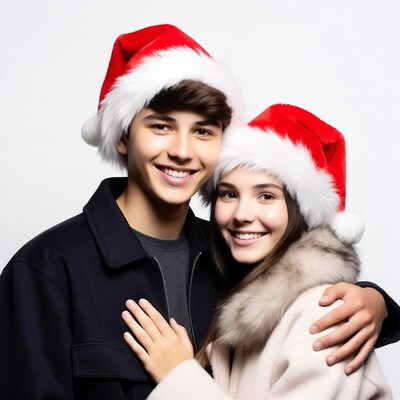 Young couple smiling in Santa hats