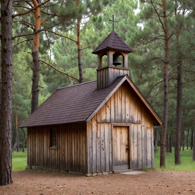 Wooden chapel in pine forest