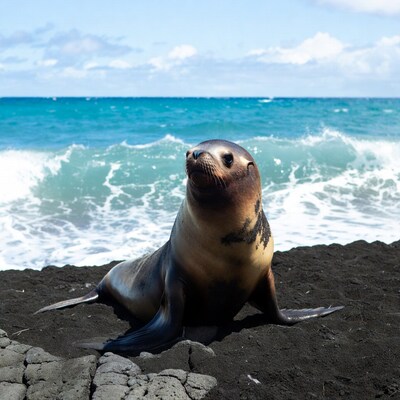 Sea lion on black lava beach