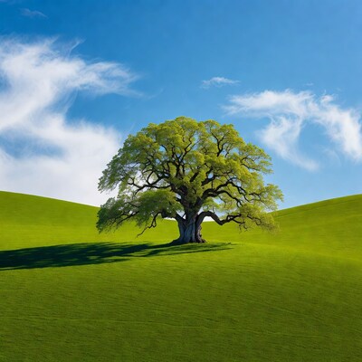 Lone Oak Tree on Green Hills