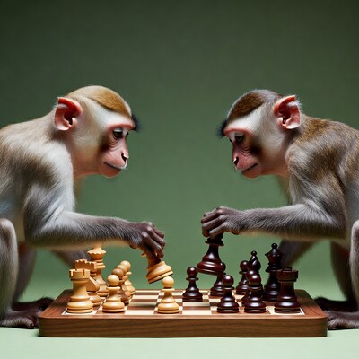 Monkeys playing chess game