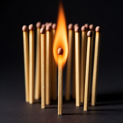 Burning Match Surrounded by Unlit Matches