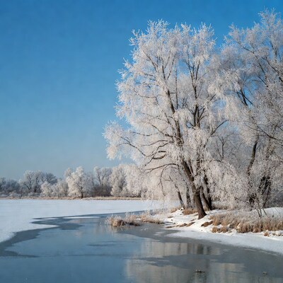 Frost-covered trees by frozen lake