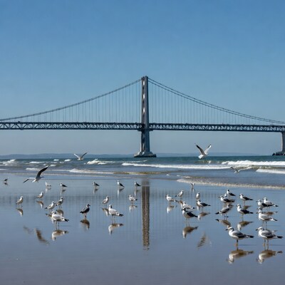Seagulls on beach with Golden Gate Bridge