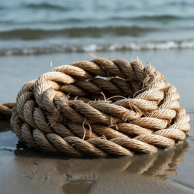 Coiled Rope on Beach Sand