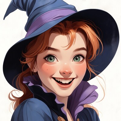Smiling redhead witch girl in hat