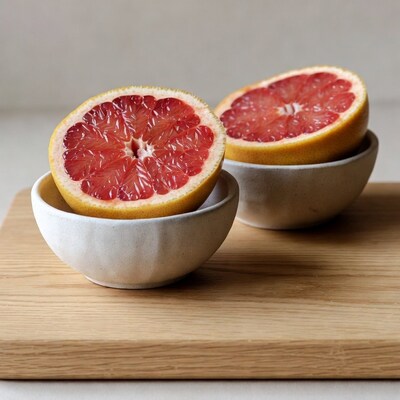 Two Halved Grapefruits in White Bowls