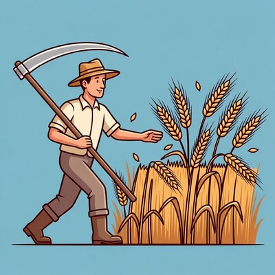 Farmer harvesting wheat with sickle