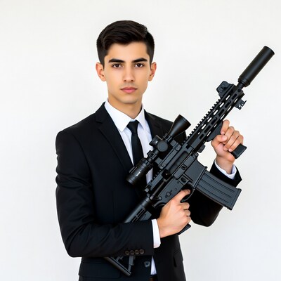 Young man in suit holding AR-15 rifle