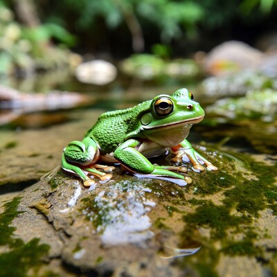 Green tree frog on wet rock