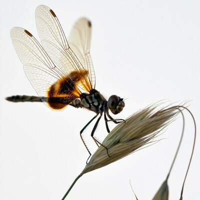 Dragonfly perched on grass stalk