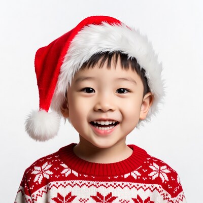 Asian boy smiling in Santa hat