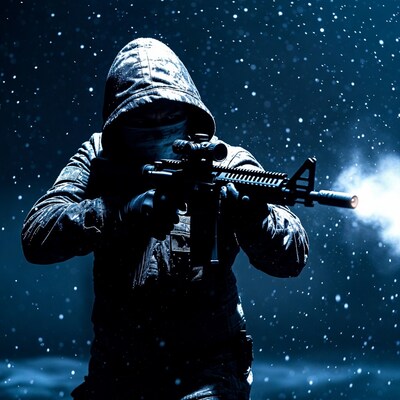 Hooded man aiming rifle in snowstorm