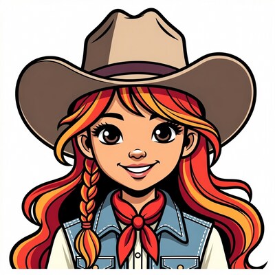 Cowgirl girl with red braid and hat