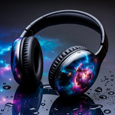 Galaxy Nebula Wireless Headphones on Wet Surface