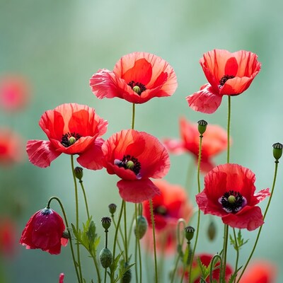 Red Poppy Flowers with Buds