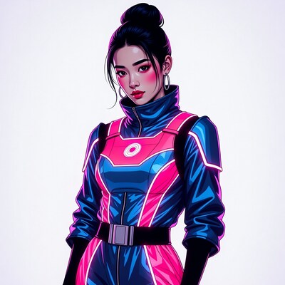 Asian woman in neon racing suit