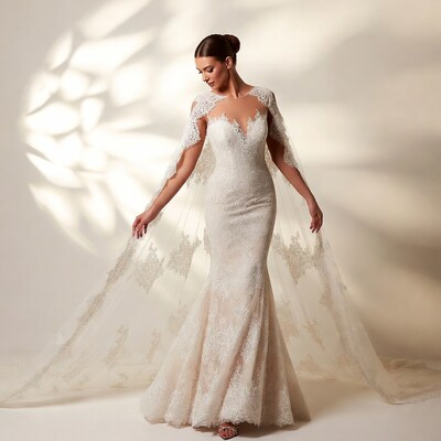 Woman in lace mermaid wedding gown