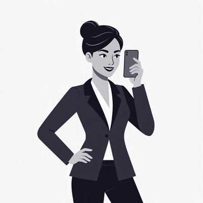 Asian woman taking selfie in suit