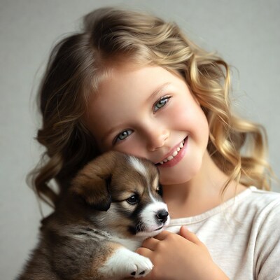 Girl holding corgi puppy