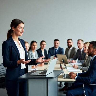 Woman presenting to business meeting team