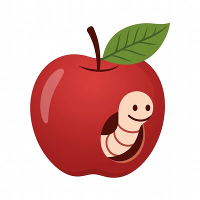 Red apple with smiling worm