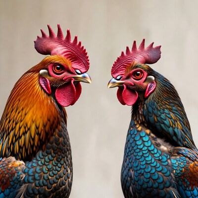 Two colorful roosters facing each other